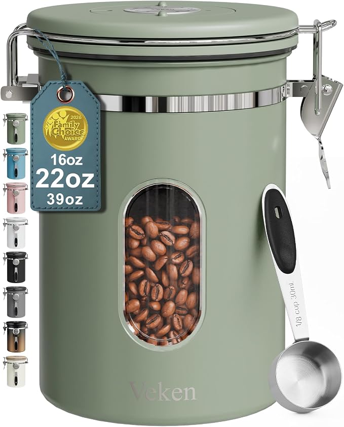 Veken Coffee Canister with Window, Airtight Stainless Steel Container, 22OZ | Date Tracker,Kitchen Food Storage Organizers for Beans, Ground, Espresso, Rice,Tea, Sugar,Cereal, Gifts,Lids,Jars,Scoop,Green
