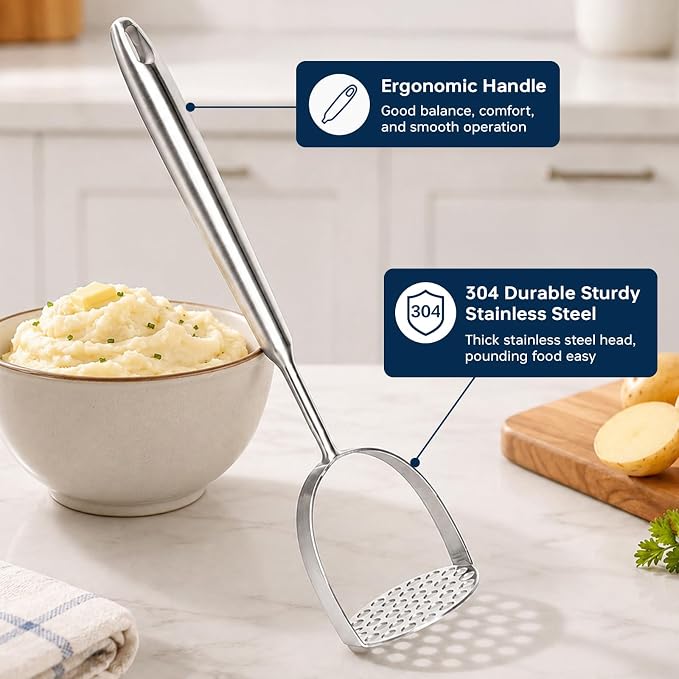 304 Stainless Steel Potato Masher – Heavy-Duty [Rustproof, Heat Resistance, Integral Forming] Dishwasher Safe Masher for Smooth & Fluffy Mashed Potatoes, Avocados – Sturdy, Durable Design