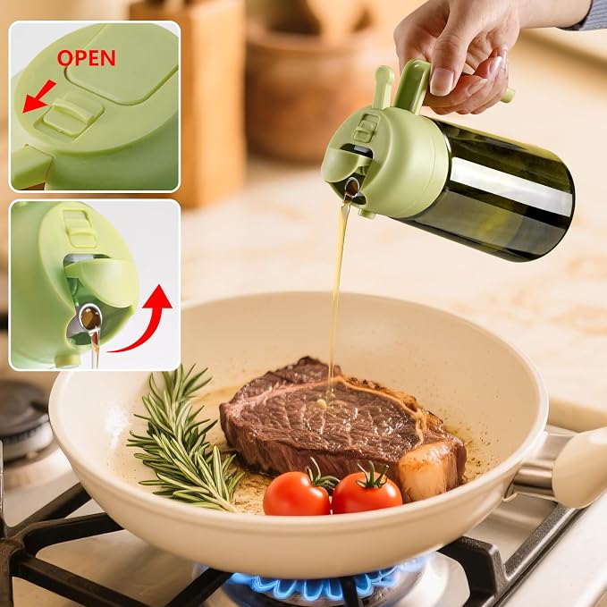 SWEET VIEW Olive Oil Dispenser and Oil Sprayer | 16oz/470ml Glass Light-Proof Oil Pourer for Kitchen Air Fryer, Cooking, Salad, and BBQ, with Stickers
