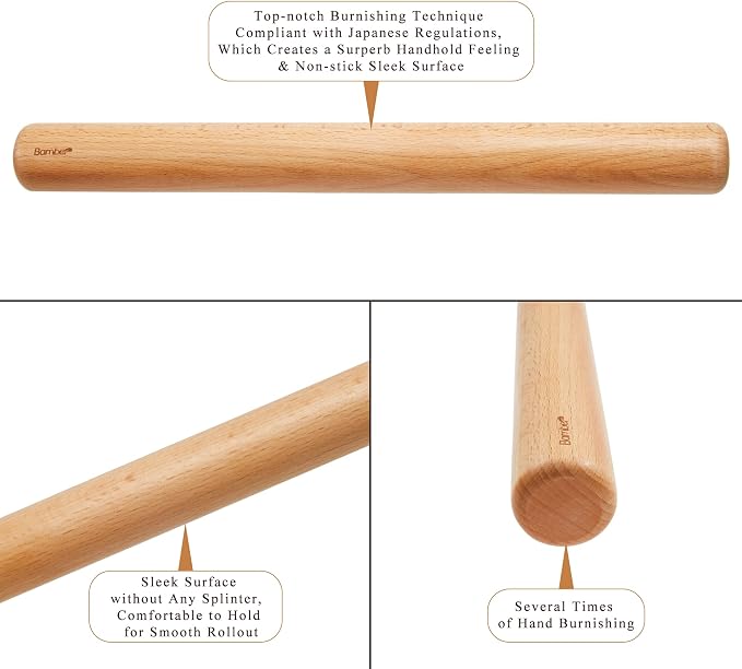 Bamber Wood Rolling Pin for Baking Wooden Rolling Dowel Stick Dough Roller for Cookie Dumpling Pastry Pizza Tortilla, 15'' by 1.5''