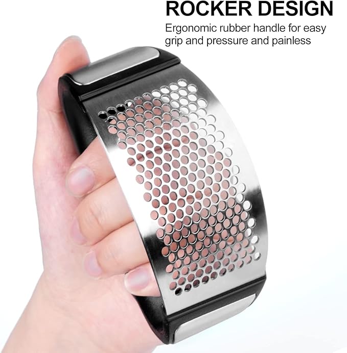 Garlic Press Rocker - Rust Proof & Dishwasher Safe Garlic Mincer, Stainless Steel Garlics Crusher Chopper Set with Peeler Brush, Easy to Clean and Squeeze, Masher for Garlics, Ginger, Spices
