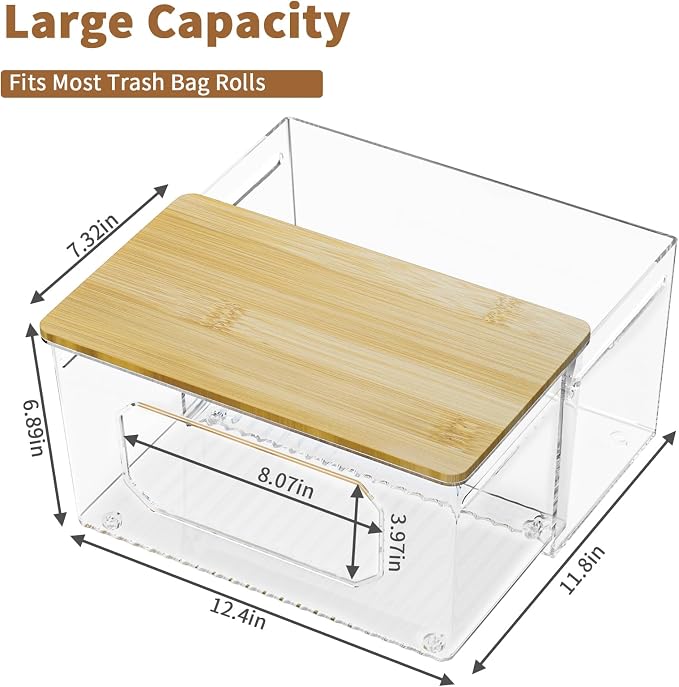 spospo Trash Bag Holder 2-in-1 Under Sink Organizer with Bamboo Lid | Acrylic Trash Bag Dispenser with Pull-Out Basket for Cleaning Supplies, Garbage Bag Holder for Kitchen Laundry Room Storage