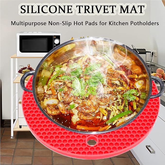 Silicone Trivet Pot Mat, Silicone Pot Holders for Hot Pan and Pot Pads. Heat Resistant Counter Mats for Tables Placemats,Countertops, Spoon Rest and Large Coasters (4Pack Red)
