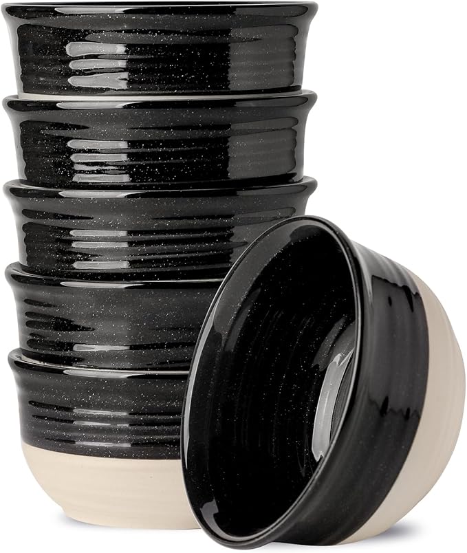 HASENSE Ceramic Cereal & Soup Bowls Set of 6, 20 Oz Black & Beige Stackable Stoneware Bowls, Farmhouse Bowls for Ramen, Salad, Oatmeal & Rice, Dishwasher & Microwave Safe
