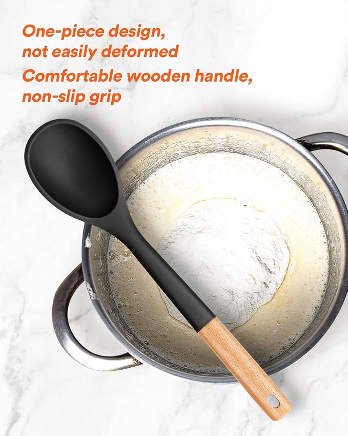 Large Silicone Cooking Spoons, Nonstick Solid Wooden Handle Spoon, Heat Resistan Silicone Kitchen Spoons for Cooking, Serving, Basting, Mixing, 13.2inch (Black)