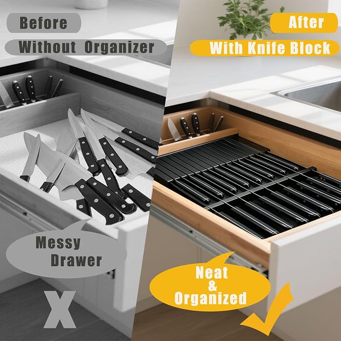 Black Painted Bamboo In-Drawer Knife Block, 17 Slot Large Capacity Knife Organizer, Upper and Lower Kitchen Steak Knife Storage Rack - Holds 8 Short Knives + 9 Long Knives