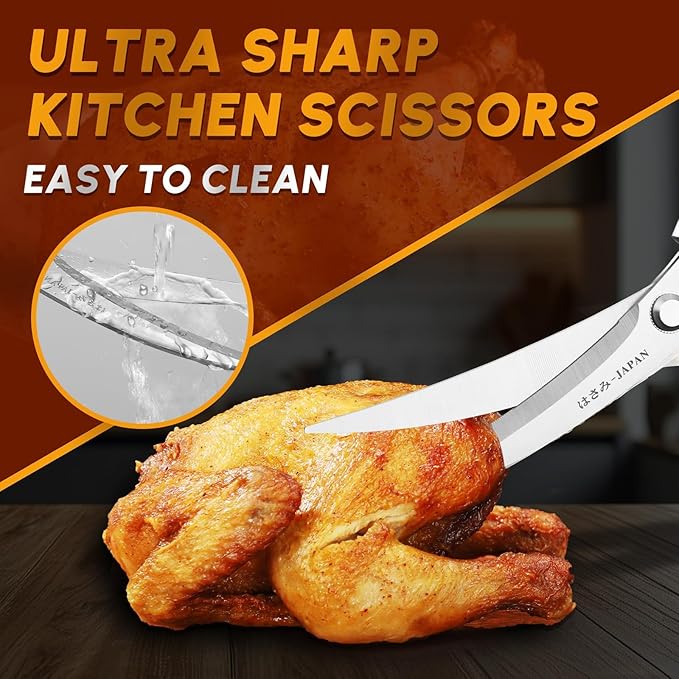 Kitchen Scissors and Cooking Tong Set - Silver Kitchen Shears for Food with Stainless Steel BBQ Tongs, Japanese Style Dishwasher Safe Meat Scissors for All Purpose, Gifts for Men Women