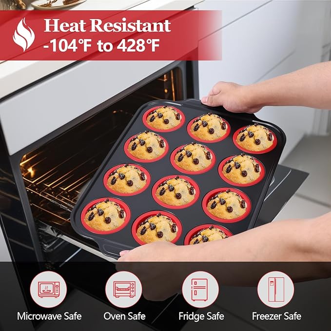 Silicone Muffin Pan, 12-Cup Nonstick Silicone Muffin Pans for Baking, Food-Grade Cupcake Pan for Oven, Microwave, Dishwasher Safe, BPA-Free Silicone Baking Mold for Muffins, Cupcakes, Egg Muffins