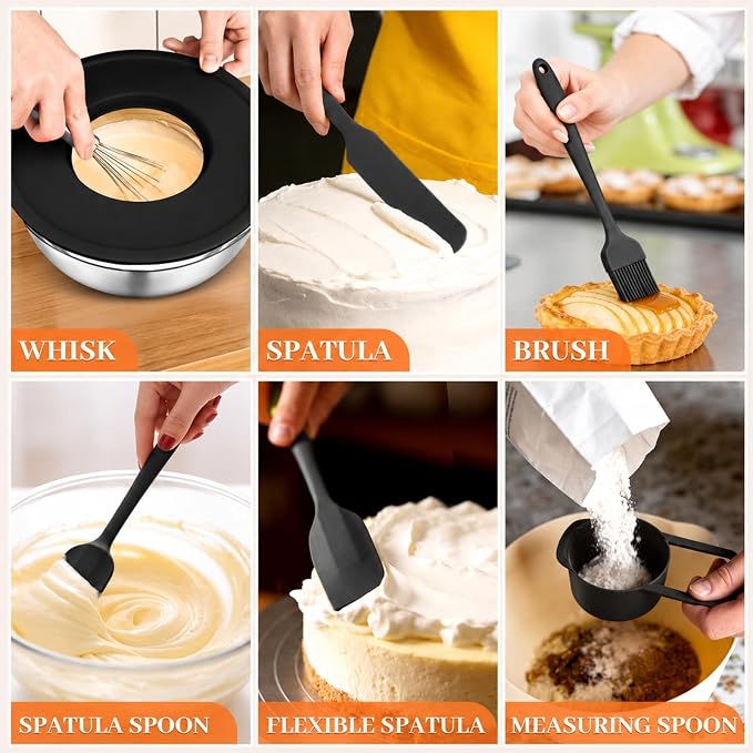 21PCS Mixing Bowls with Lids Set - 7 Nesting Mixing Bowls, 3 Graters, 11 Baking Tools, Lids, Stainless Steel Mixing Bowls for Mixing & Baking, Size 0.7/1.1/1.5/2.1/3.5/4/4.5 QT, Black