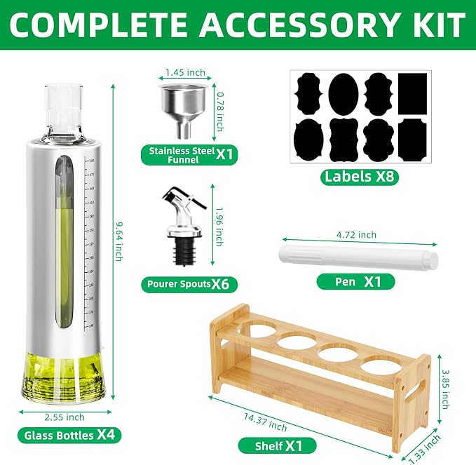 SINYWAY Oil Dispenser Bottle, 4 Pack Glass Olive Oil Dispenser Bottle with Shelf, 17oz/500 ml Oil and Vinegar Dispenser Set Wrapped in Stainless Steel Shell with Pourers, Funnel & Pen and Tags | 17oz/500 ml Oil and Vinegar Dispenser Set Wrapped in Stai...