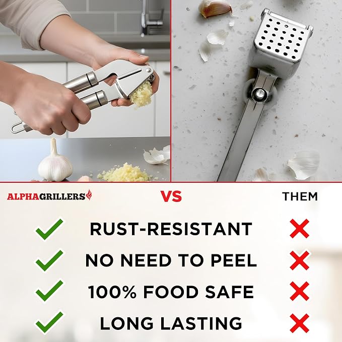 Alpha Grillers Garlic Press Stainless Steel - Easy to Clean, Rust-Proof, Dishwasher Safe - Stainless Steel Garlic Press, Mincer, Crusher with Silicone Peeler & Cleaning Brush