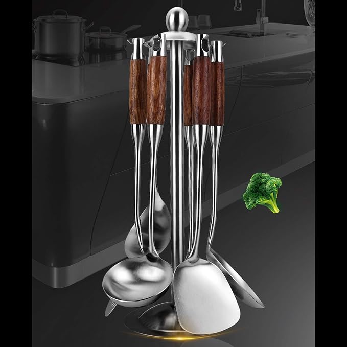 Cooking Utensils Set,7pcs 304 Stainless Steel Kitchen Utensils Set with Holder,Heat Resistant Wooden Handle Kitchen Tools