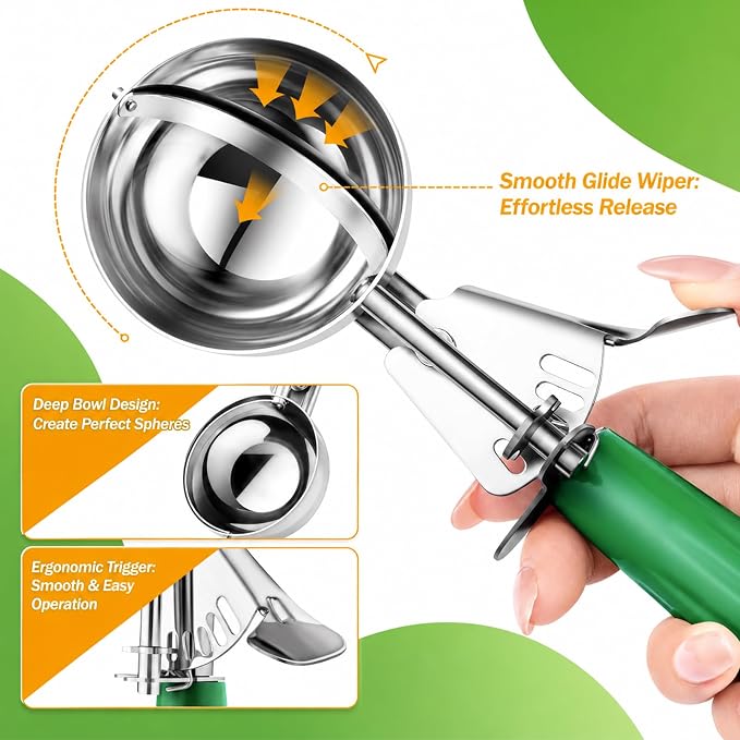 2.67 OZ Large Ice Cream Scoop, Cookie Scoop with Trigger Release & Anti-Freeze Grip, Cookie Scooper for Baking, Portion Scoop for Cookie Dough, Cupcake, Mashed Potatoes (Green - 5.2 Tbsp/ 78 ml)