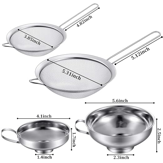 Boao 4 Pcs Stainless Steel Canning Funnels with Fine Mesh Strainer for Narrow Wide Mason Jars Food Grade 1.4 Inch/2.3 Inch Stainless Steel Funnel for Kitchen Use Spices Juices Powder(Silver)