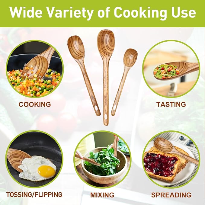 3 Piece Wooden Spoons for Cooking Spoon Set Wood Cooking Utensils Serving Spoon Kitchen Spatula Large Mixing Spoon Long Baking Ladle Bamboo Stirring Non Toxic Spoons Ladles Kitchen Tools Utensil
