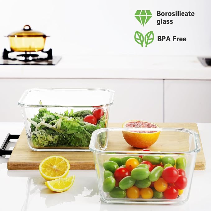 HOMBERKING 4 Pieces 63oz/8cup Large Glass Food Storage Containers with Lids, Meal Prep Containers, Airtight Bento Boxes with Leak Proof Locking (2 Containers 2 Lids), Microwave,Oven,Fridge Safe-Grey