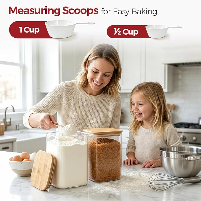 Glass Flour Containers with Lids 1 Gallon 2 Pack Pantry Organization | Wide Mouth, Scoop Included, Flour Sugar Coffee Beans Pasta Cereal Dry Food Storage,Large Capacity,Kitchen Organizer