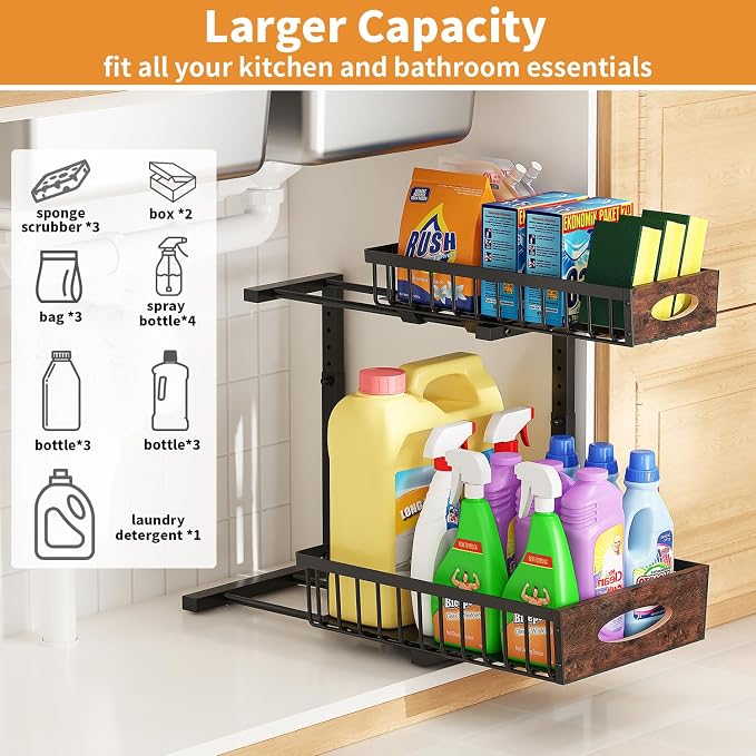 2-Tier Under Sink Organizer with Wooden Drawer Handle, 2 Pack Adjustable Height Pull Out Cabinet Organizer Shelf,Slide out Storage Drawer Rack for Kitchen Bathroom Laundry Room Pantry (Black)