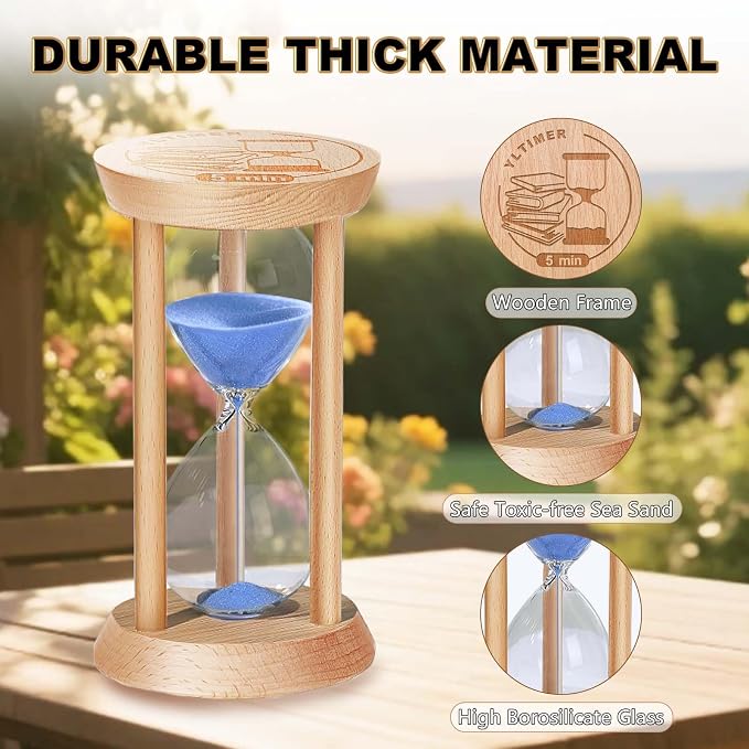 Sand Hourglass Timer, 1/2/3/5/10 Minutes Wooden Sand Clock, Colorful Hour Glass Reloj De Arena, Small Sandglass Timer for Classroom, Home Decorative, Games (5 pcs)
