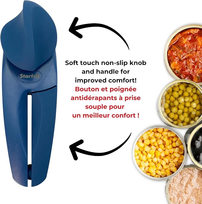Starfrit MightiCan Can Opener, Safe Smooth-Cut Design, Holds Lid and Leaves No Sharp Edges, Comfort Grip Handle, Heavy-Duty Non-Slip Knob, 3-Year Warranty, Blue