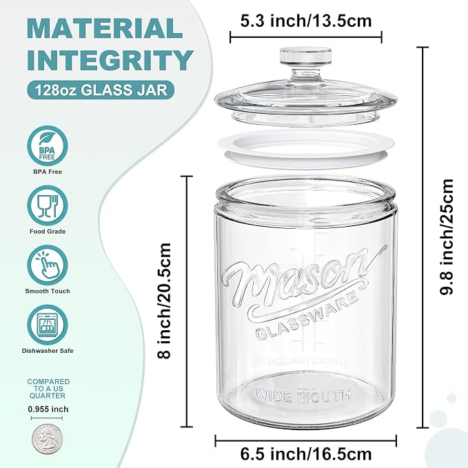 Ritayedet 1 Gallon Glass Cookie Jar with Airtight Lid, Wide Mouth Mason Jar | Wide Mouth, Kitchen Canister for Candy, Coffee, Dog Treat Storage, Terrarium, Apothecary, Laundry Room, BPA Free, Durable