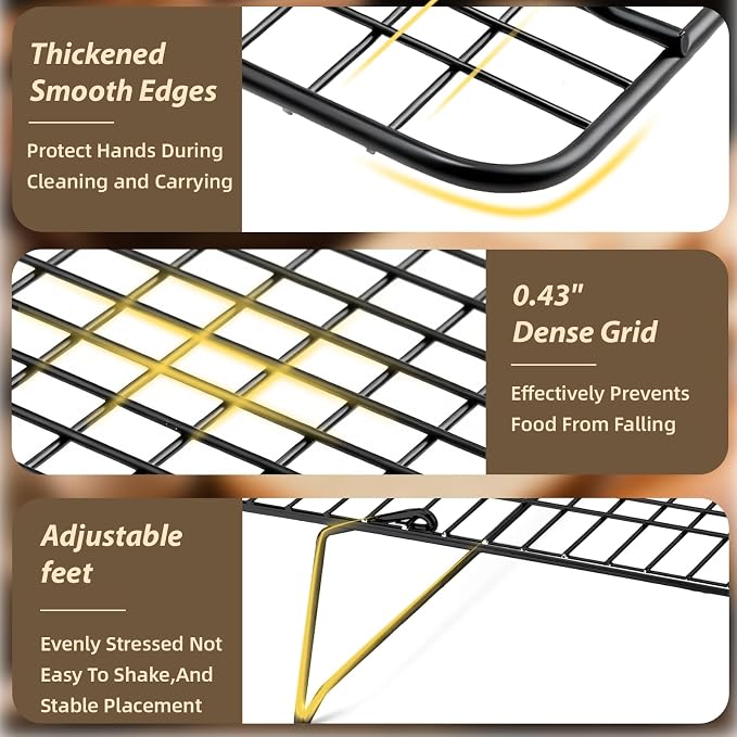 Pleafind 3 Pieces Stackable Cooling Rack - 16 x 10 Inch Wire Rack, 0.43" Dense-Grid Cooling Racks for Cooking, Baking, Roasting, Grilling, Oven and Dishwasher Safe, Black