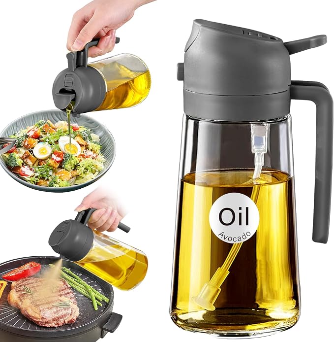 YARRAMATE 16 oz 2-in-1 Glass Olive Oil Sprayer for Cooking, Grey | Food-grade dispenser bottle, 470 ml, spray and pour, portion control, stickers included, for salad, frying and BBQ