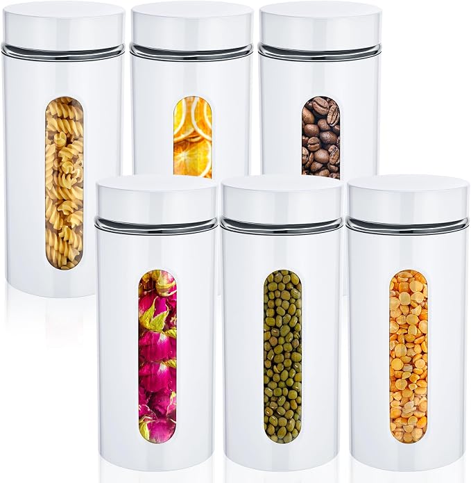 6 Pack Kitchen Canisters Set Airtight Coffee Sugar Tea Storage Jars with Window Glass Stainless Steel Containers with Lids for Flour Cookies Spices Grains Kitchen Decorations(White,44 oz)