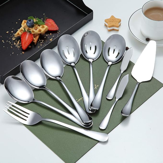 Serving Spoons 10 Pieces, Kyraton Serving Utensils, Serving Set Include 3 Serving Spoon, 3 Slotted Spoon, 1 Serving Fork, 1 Cake Server, 2 Butter Knife Spreaders