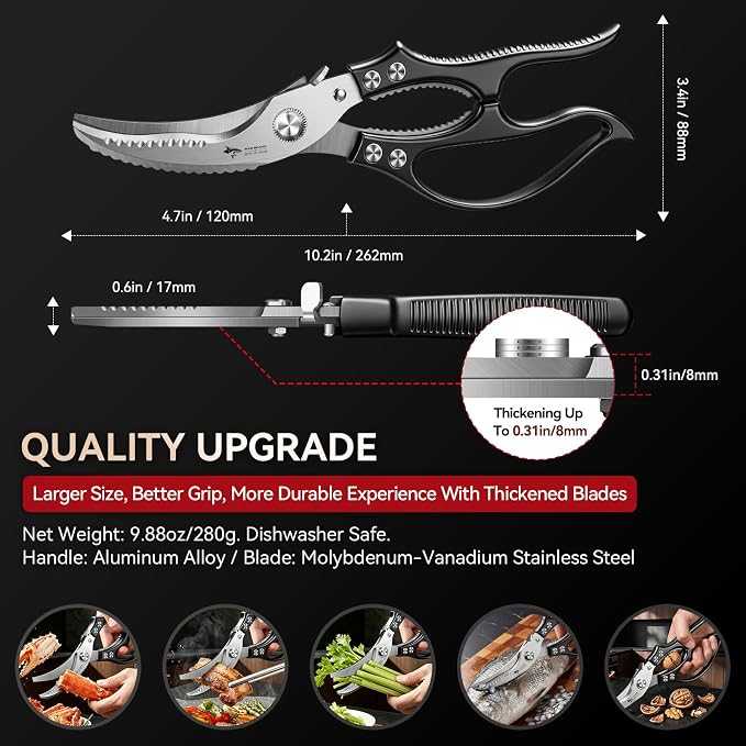 MAD SHARK Professional Heavy Duty Poultry Shears - Kitchen Shears for Spatchcocking Chicken and Meat Cutting, Multi-Purpose Kitchen Scissors for Food, Spring-loaded (Black)
