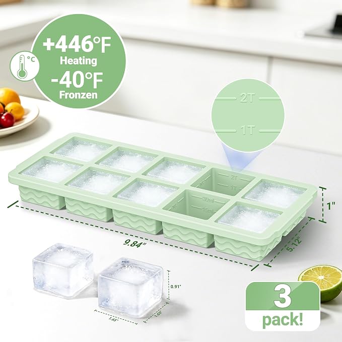 Doasuwish Ice Cube Trays with Lid, 3 Pack 10 Cubes 2 Tbsp. Silicone Ice Cube Trays for Freezer, Perfect for Freezing and Storing Ice Cubes, Chocolates, Sauces, Juices, Fruit Purees and More, BPA Free