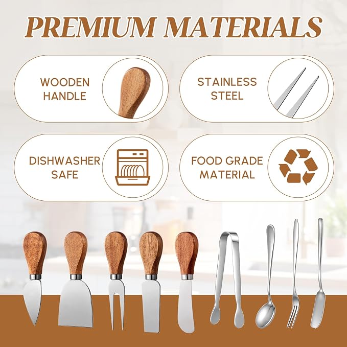 Hushee 46 Pcs Charcuterie Boards Accessories with Magnetic Acacia Wood Holder Wooden Cheese Knife Set for Wood Handle Knives for Cheese Knife Slicer with Tongs, Spoons, Forks, Honey Dipper (Style 3)