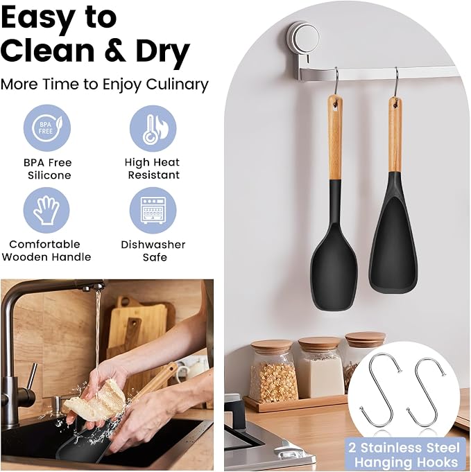 Large Silicone Cooking Spoons Set, 2 Pcs Heat Resistant Serving Spoon, Nonstick Multifunction Spatula Spoon, Kitchen Cucharras de Silicona Cocina for Mixing, Scooping, Scraping, Basting, Stiring