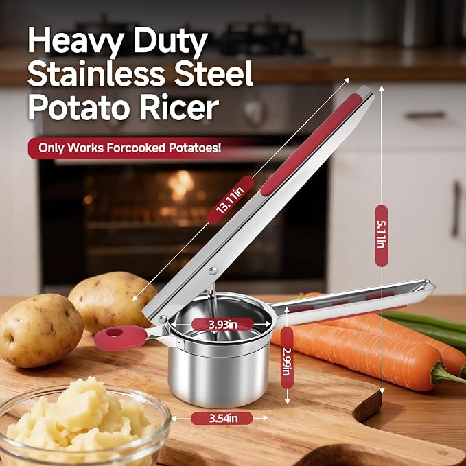 Potato Ricer for Mashed Potatoes-Stainless Steel 15oz | Large Capacity,All Clad,Heavy Duty,Ergonomic Handle for Spaetzle,Oranges, Lemons, Pumpkins, Carrots, Avocados(RED)