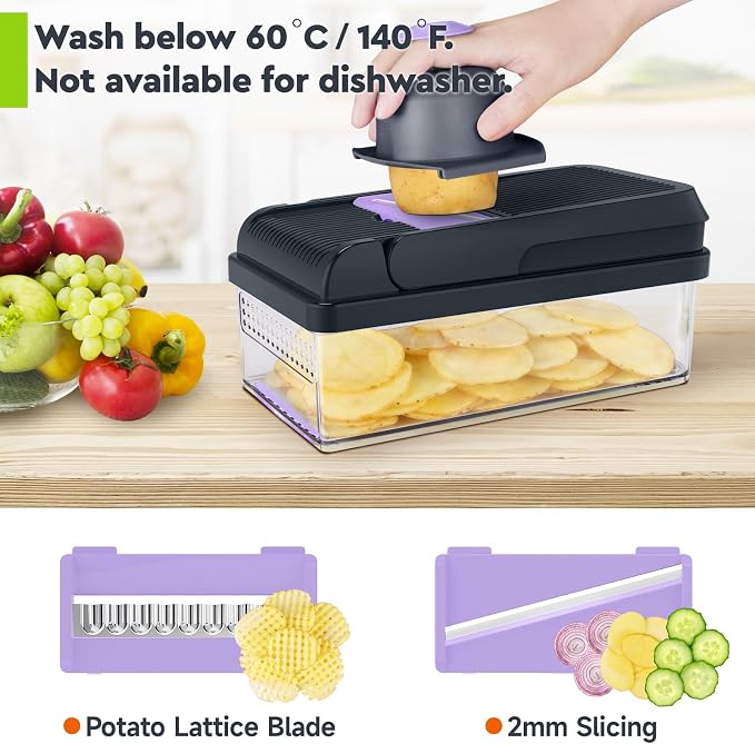 MealHelper 12-in-1 Vegetable Chopper, 7 Blade Veggie Chopper, Practical Food Chopper with Container, Cheese Grater, Home Essentials & Kitchen Gadgets(Purple)