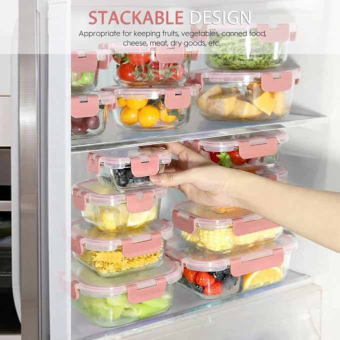 AMALEKO 42pcs Glass Food Storage Containers with Lids Set, 21 Containers & 21 Lids Glass Meal Prep Containers with Snap Locking Lid Set, Leak Proof Lunch Container BPA-Free,Pink