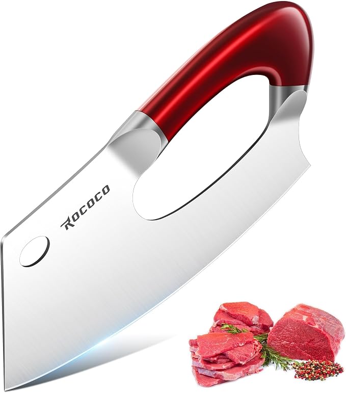 ROCOCO Easy Handle Meat Cleaver - Effort Saving Chef Knife Unique Professional for Kitchen Cutting Meat Vegetable Birthday Gift Red Stainless Steel