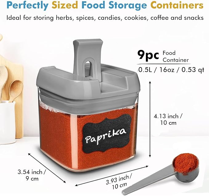 Shazo 9 PC Airtight Food Storage Containers - BPA Free Clear Plastic Snack & Spice Containers with Easy Lock Lids - Kitchen and Pantry Organization for Herbs, Coffee, Tea - 0.5L / 2.1 Cups