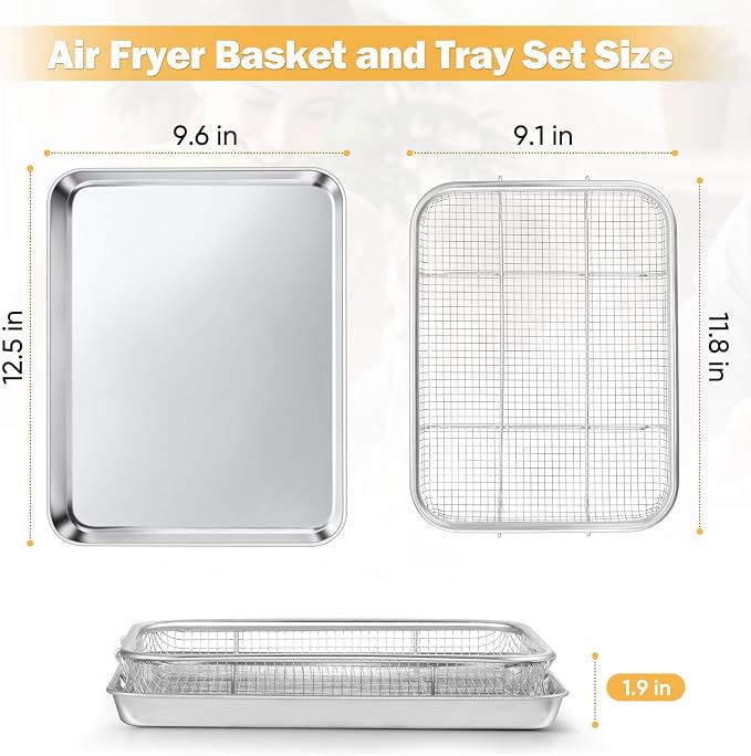 E-far Air Fryer Basket for Oven, Medium 12.5” x 9.6” Stainless Steel Air Fryer Pan and Crisper Tray, Air Fryer Rack with Baking Pan for Crisper Foods Frying Baking Roasting, Dishwasher Safe