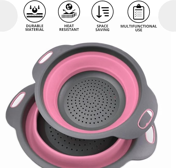 Pink Round Silicone Colander Collapsible – Foldable Kitchen Strainer Small Collapsible Colander Pink with Plastic Handles for Draining Vegetable and Fruit Round Silicone Kitchen Strainer for Pasta