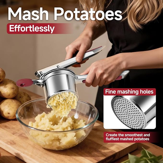 Potato Ricer for Mashed Potatoes-Stainless Steel 15oz | Large Capacity,All Clad,Heavy Duty,Ergonomic Handle for Spaetzle,Oranges, Lemons, Pumpkins, Carrots, Avocados(RED)