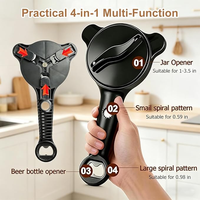 2 Pcs 2026 New 4-in-1 Jar Opener-Adjustable Stainless Steel Lid Remover for Seniors & Arthritis,Non-Slip Grip Fits 1″-3.5″Jars,Bottles & Cans(Black)