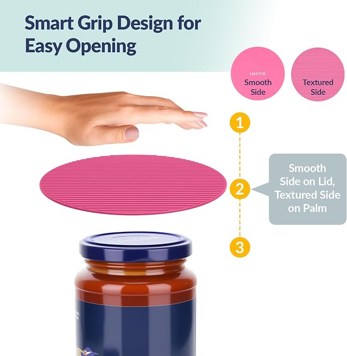NiHome Silicone Jar Opener Gripper Pads, 6 in for Seniors, Pink Series, 4PC | Textured Back Pattern For Superior Grip, Food-Grade Silicone, Heat-Resistant Multi-Use Kitchen Pad For Jars, Pots, Spoons