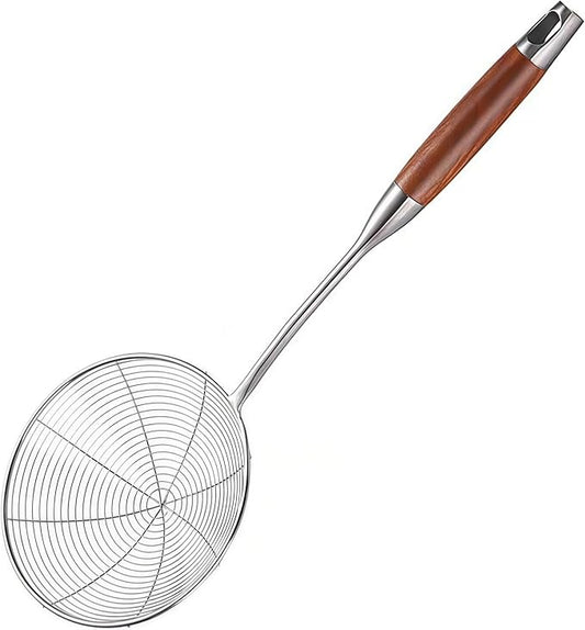 Spider Strainer Skimmer Spoon - 5.4 Inch Stainless Steel Mesh & Wooden Handle - for Deep Frying, Pasta, Stir Fry, Hot Pot, Tempura - Easy Drain Kitchen Utensil