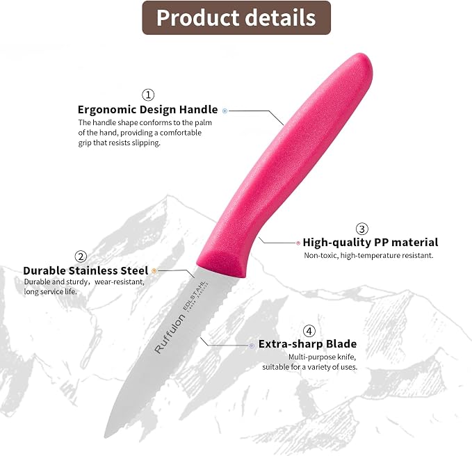 Stainless Steel Paring Knife With Serrated Blade, 6 Pieces Set Vegetable and Fruit Knife, Ultra Sharp Small Kitchen Knife, Rosy Paring Knives with PP Plastic Ergonomic Handle.