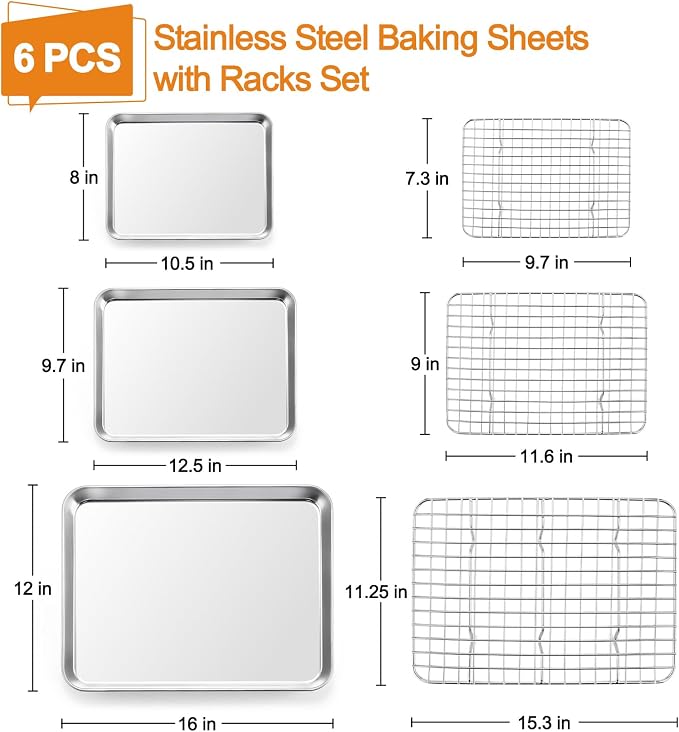 TeamFar Baking Sheet with Rack, Stainless Steel Sheet Pan-16/12.5/10.5 Inch | Cookie Sheets Baking Trays and Cooling Racks for Cooking, Non-Toxic & Heavy Duty, Dishwasher Safe, 6 PCS (3 Pans + 3 Racks)