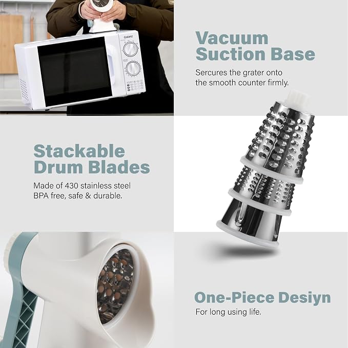 Rotary Cheese Grater hand crank 3 blades with Stronger Suction Base | Stainless Steel Blades for Fruits, Vegetables, Nuts. Dishwasher Safe & Easy to Clean, White