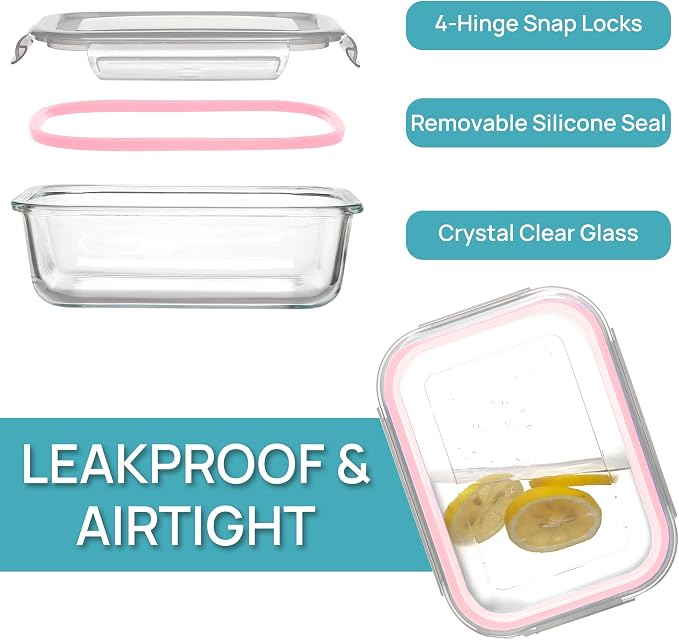 Vtopmart 5Pack 22oz Glass Storage Containers with Lids, Pink | Glass Meal Prep Food Container Sets, Snap Airtight Lid, For Microwave, Oven, Freezer and Dishwasher, BPA Free