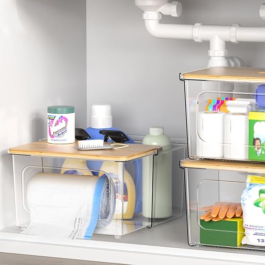 iCASA 2 in 1 Trash Bag Holder Garbage Bags Dispenser Under Sink Organizer | Stackable Trash Bag Organizer for 13/30/33 Gallon Bags, Clear Storage Bins for Kitchen, Cabinet, Laundry Room Organization