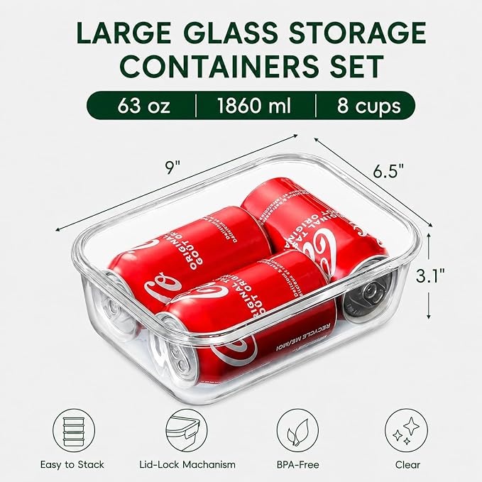 2 Pack 63oz Large Glass Storage Containers with Lids Big Meal Prep Food Container Set for Storing food, vegetables or fruits, BPA Free, Freezer Dishwasher Oven Safe